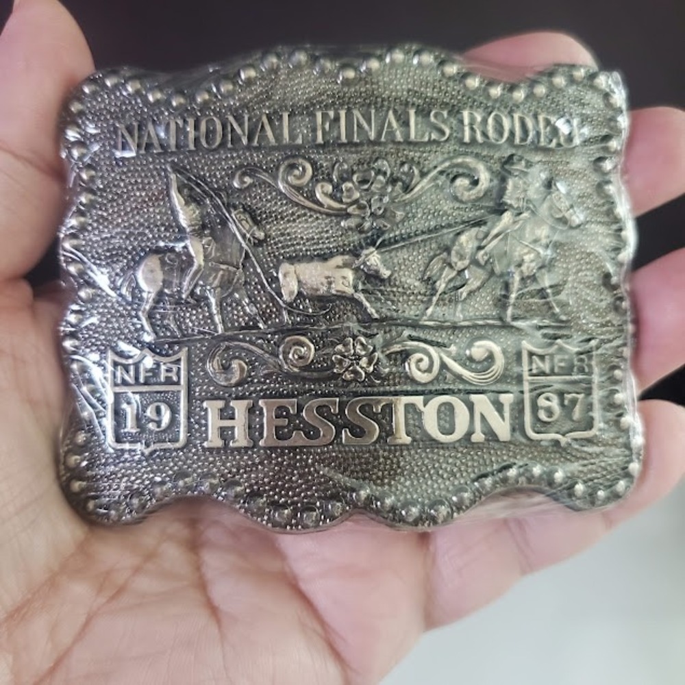 VTG 1987 Hesston National Finals Rodeo NFR Belt Buckle Silver Tone Team Roping